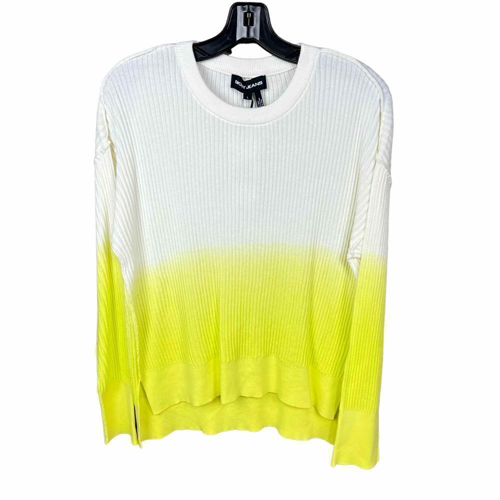 DKNY Ombre Sweater Crew Neck White Neon Yellow Green High Low Hem Large